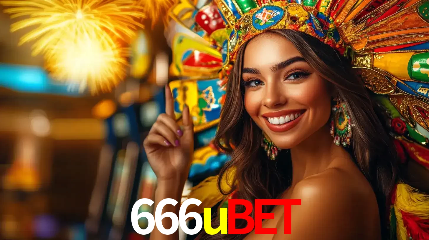 Mulher sorridente com um cocar de carnaval vibrante e colorido, celebrando uma grande vitória nos jogos do cassino 666ubet com fogos de artifício ao fundo.