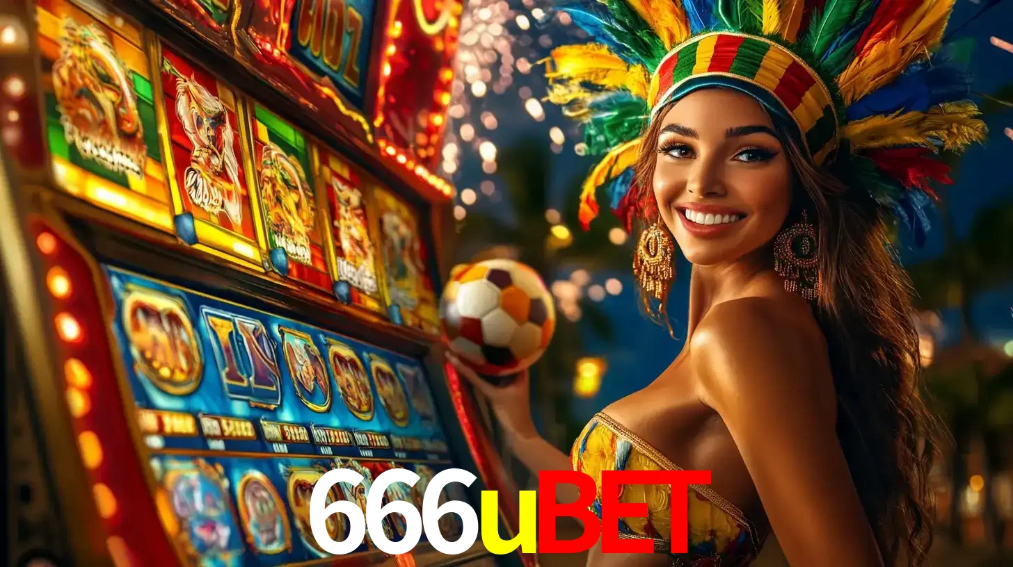 Mulher com um cocar de carnaval ao lado de uma máquina de caça-níqueis enquanto segura uma bola de futebol, mostrando a união da diversão de cassino e esportes no 666ubet.