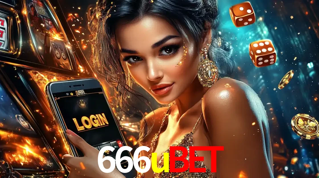 Mulher glamourosa segurando um celular com a tela de login do cassino 666ubet, rodeada por dados e moedas douradas, pronta para começar a diversão.
