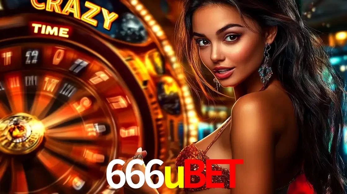 Mulher ao lado da roda de prêmios do jogo de cassino ao vivo Crazy Time, um dos shows de jogos mais emocionantes oferecidos pela plataforma de apostas 666ubet.