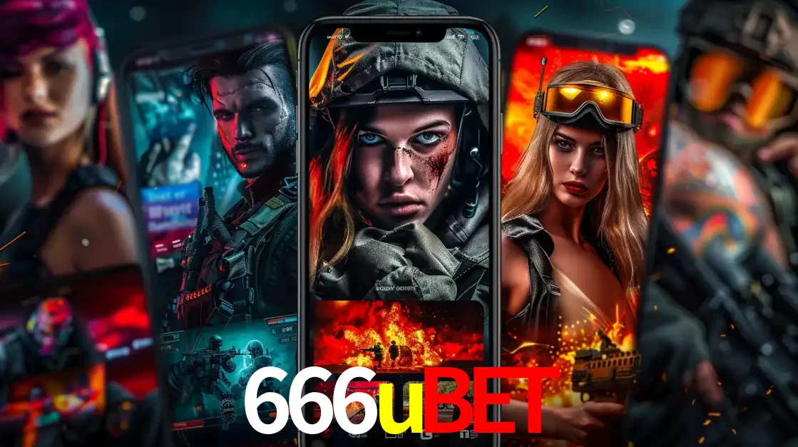 Montagem de telas de celular mostrando diversos personagens, masculinos e femininos, de um jogo de tiro, ilustrando a diversidade de equipes de e-sports para apostar no 666ubet.