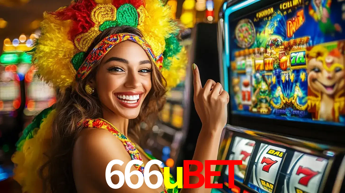 Mulher animada com um cocar de carnaval apontando para uma máquina de caça-níqueis, mostrando a emoção de ganhar um grande prêmio nos jogos do 666ubet.