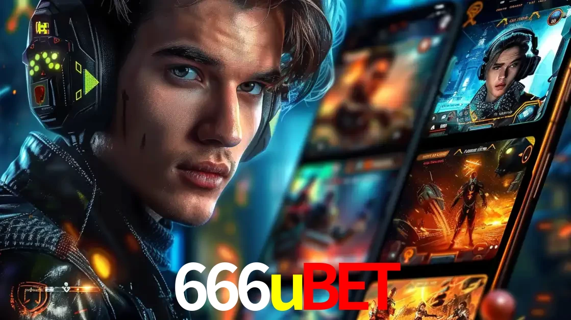 Jovem jogador com fones de ouvido olhando para a câmera, com um aplicativo de jogos e e-sports para celular ao fundo, pronto para a competição e apostas no 666ubet.