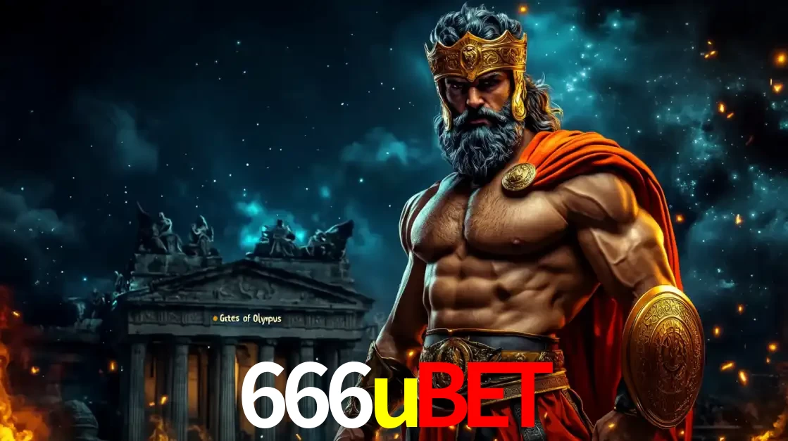 O poderoso Zeus do jogo de slot Gates of Olympus em frente ao seu templo, pronto para lançar multiplicadores divinos e prêmios épicos no cassino online 666ubet.