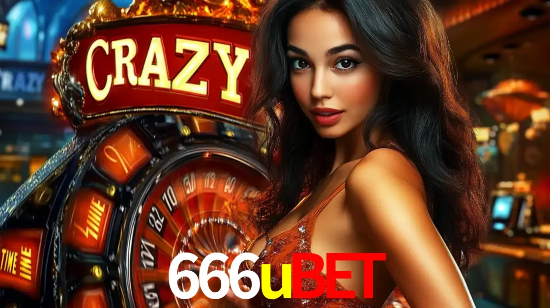 Mulher glamourosa olhando para a câmera com a roda vermelha do Crazy Time ao fundo em um ambiente de cassino, destacando a emoção dos jogos ao vivo no 666ubet.