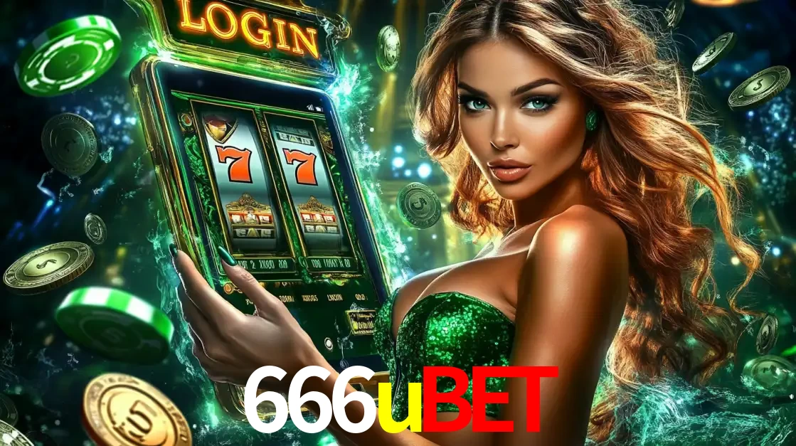 Mulher com tema verde apresentando o aplicativo do cassino 666ubet com um jogo de slot de 777, cercada por fichas de cassino e uma aura de sorte.