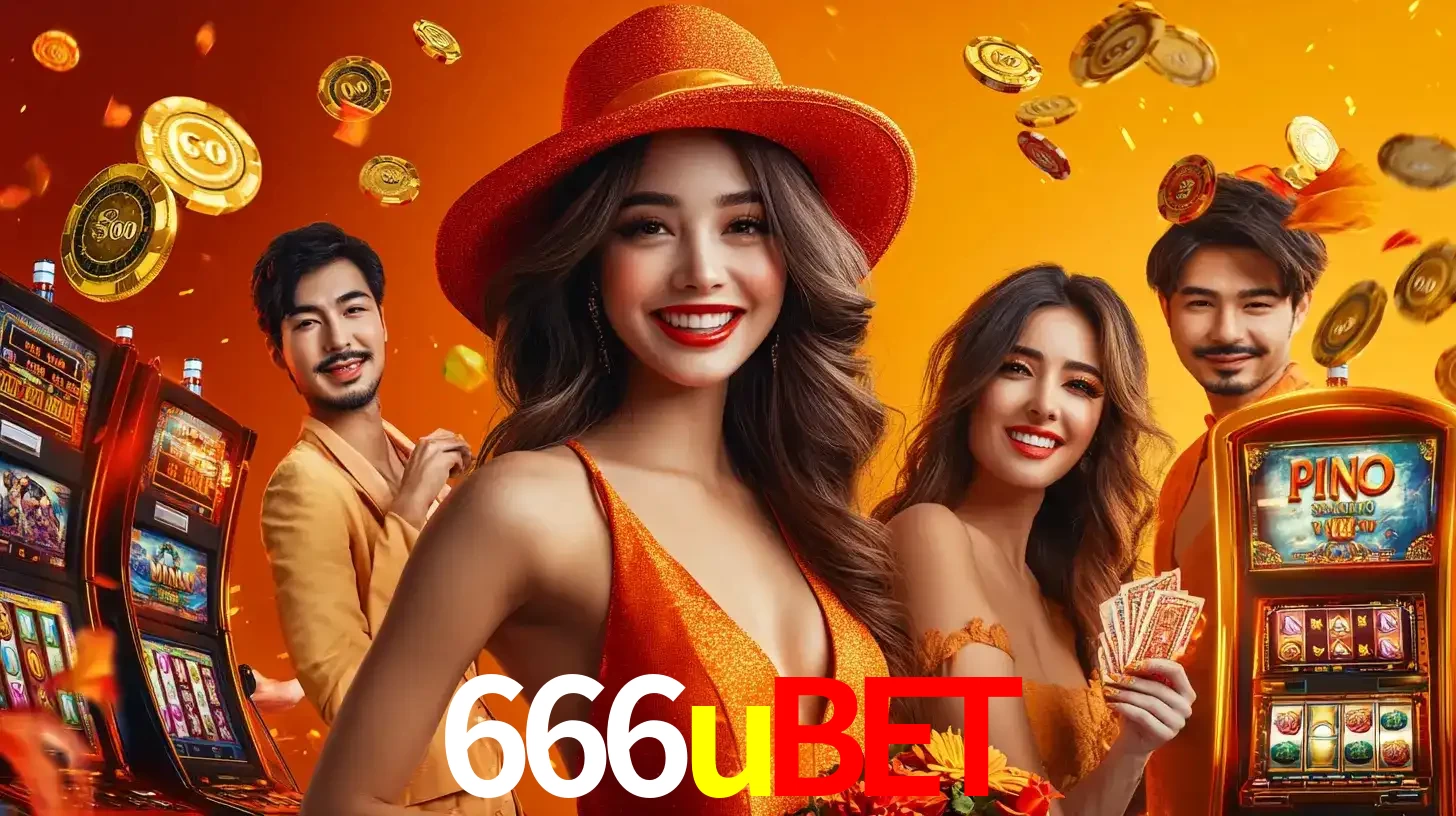 Grupo de amigos asiáticos sorrindo e se divertindo com máquinas de caça-níqueis em um ambiente festivo, celebrando suas vitórias nos jogos de cassino do 666ubet.