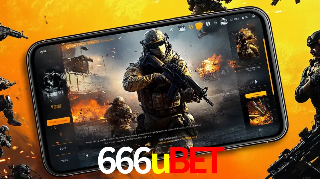 Um smartphone exibindo a interface de um jogo de tiro em primeira pessoa, com um soldado em um cenário de batalha, representando a ação dos e-sports para apostar no 666ubet.