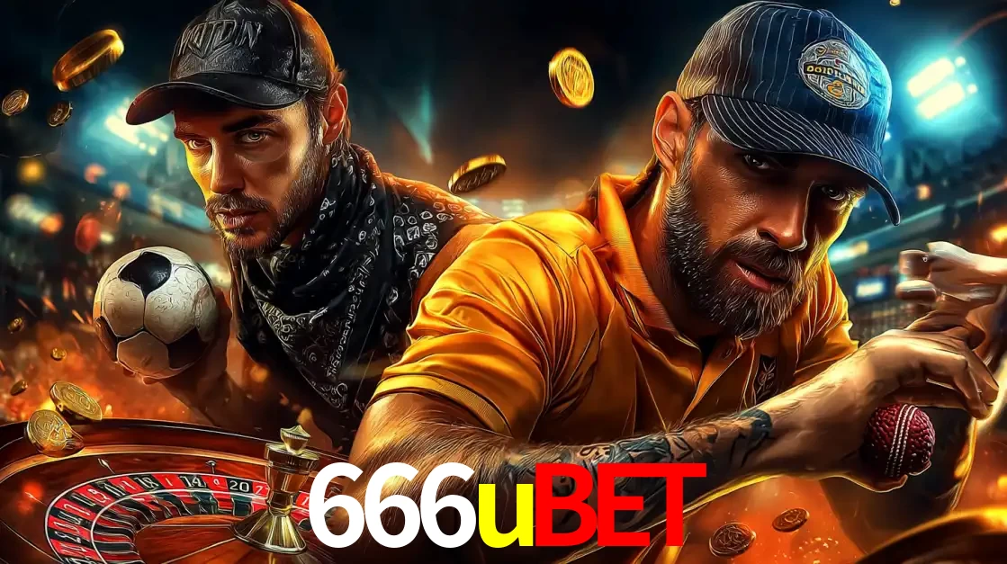 Montagem de apostas esportivas e cassino no 666ubet, com um homem segurando uma bola de futebol e outro uma de beisebol sobre uma roleta e moedas voadoras.