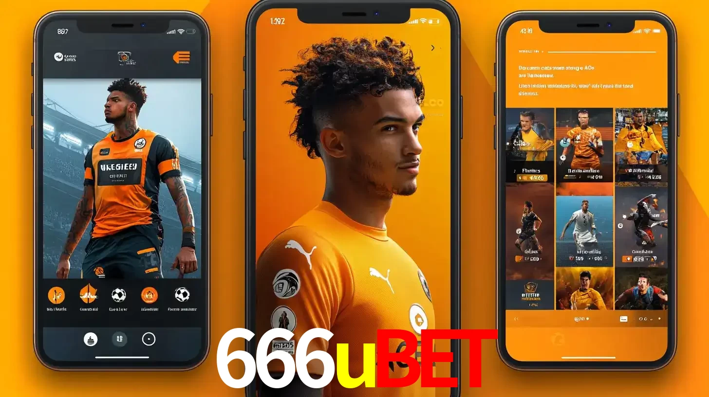 Interface do aplicativo de apostas esportivas 666ubet em três telas de celular, mostrando o perfil de um jogador de futebol e a lista de jogos disponíveis para apostar.