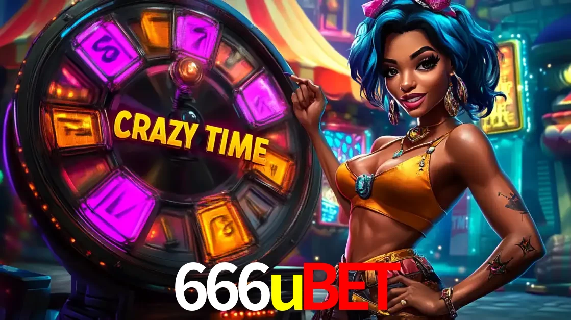 Mulher estilizada com cabelo azul e visual vibrante posando ao lado da roda de prêmios do game show Crazy Time, convidando para a diversão e os bônus do cassino 666ubet.