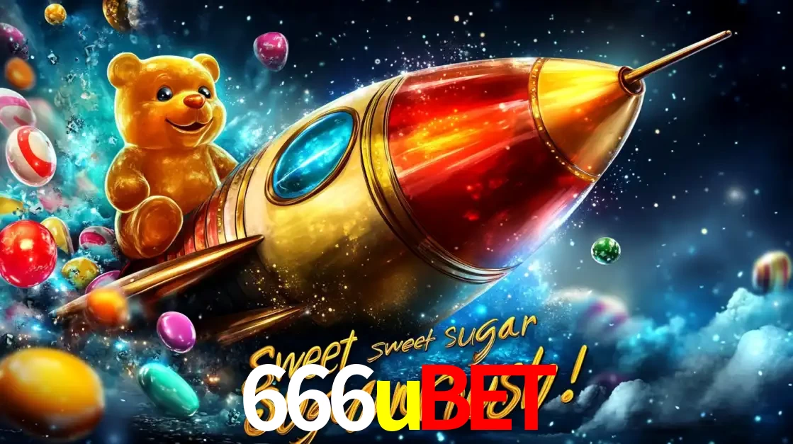 Arte promocional do jogo de slot Sugar Rush, com um urso de pelúcia em um foguete viajando pelo espaço de doces, um dos jogos divertidos disponíveis no cassino 666ubet.
