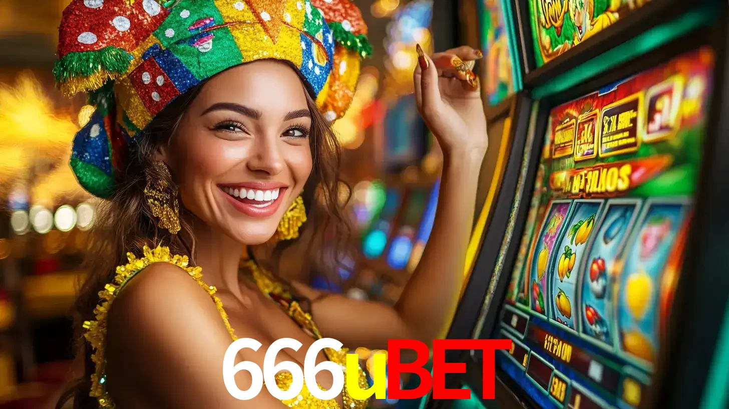 Mulher feliz com traje de carnaval amarelo e colorido ao lado de uma máquina de caça-níqueis, aproveitando a diversão e os jogos temáticos do cassino 666ubet.