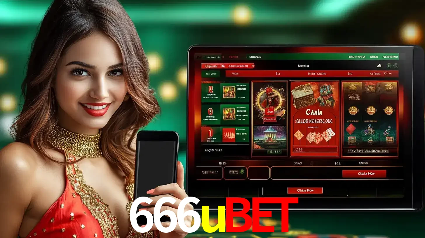 Mulher sorridente segurando um smartphone, ao lado de uma tela exibindo o lobby de jogos do cassino online 666ubet, com várias opções de jogos de cartas e slots.